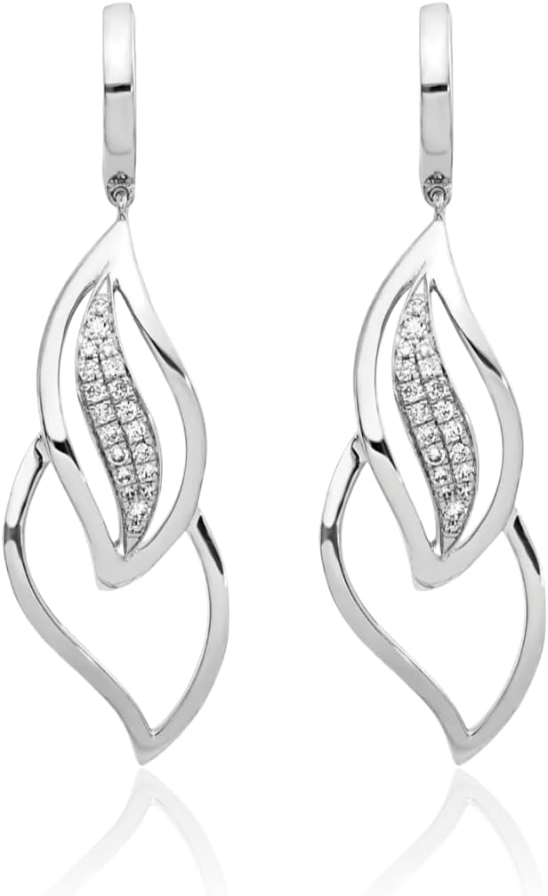 IceCarats 14K Solid White Gold 0.23 carat Diamond Large Leaf Dangle Huggie Hoop Earrings 40mm 1.6 inch Round Cut, Natural, Prong Set, Snap Back For Her