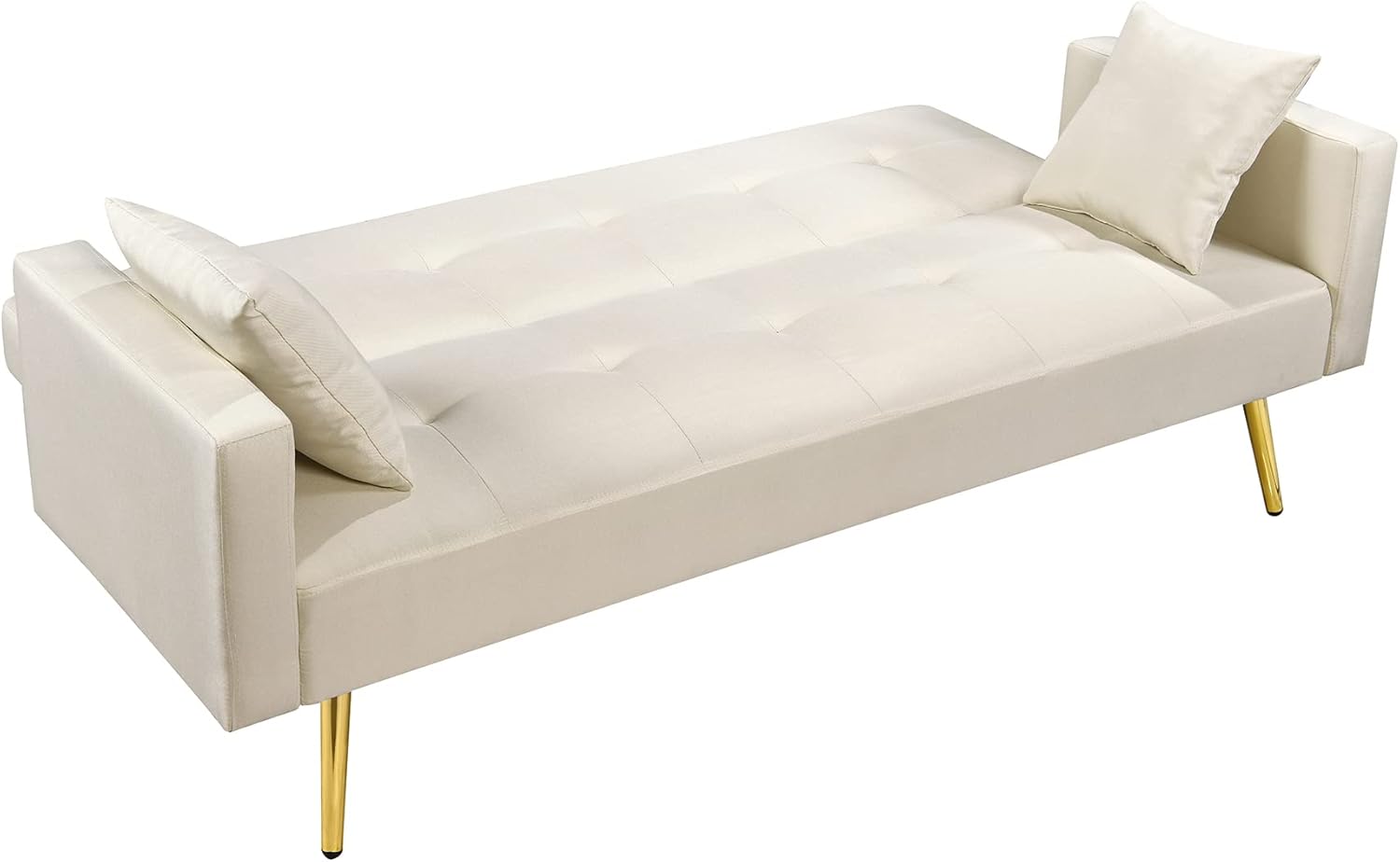 Modern Convertible Fabric Folding Futon Sofa Bed, Tufted Recliner Love Seat with Golden Chrome Legs, Versatile Futon Couches, for Compact Living Space, Apartment, Dorm, Bonus Room, Off White