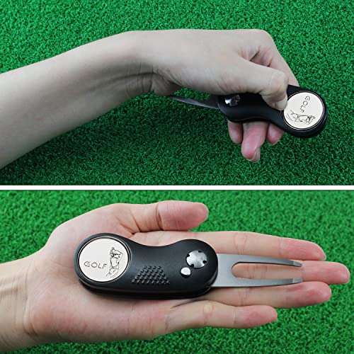 Kofull Pitchgabel Golf +2 Ball Marker+ 1 hat Clip Pitchgabel Switchblade Golf Grün Reparatur Gabel tragbar und klappbar Pitch - 1 Stück Schwarz