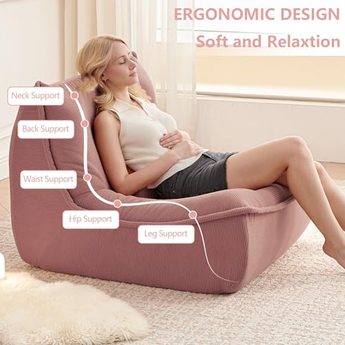 Huadeo Bean Bag Chair for Adults, Single Lounge Chair with Lumbar Pillow, Comfy Floor Sofa with High-Resilience Foam, Lazy Accent Chair for Living Room, Bedroom, Apartment, Or Reading Corner, Pink by Huadeo - Used condition - Image 3