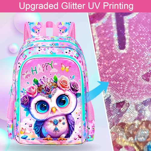 Image of 16 inch Backpack for Girls, 3Pcs Kids Bookbag with Lunch Box,Owl School Backpacks for Elementary Preschool Kindergarten (Pink)