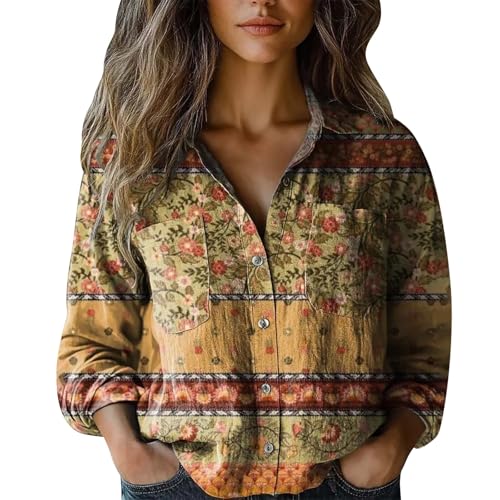 Ymbekr Western Inspired Carrie Bradshaw Clothes Early Fall Fashion Womens 3/4 Sleeve Boho Tops Vintage Retro Floral Print Shirts Loose Fit Lightweight Button Down Blouses (7-Yellow, L)