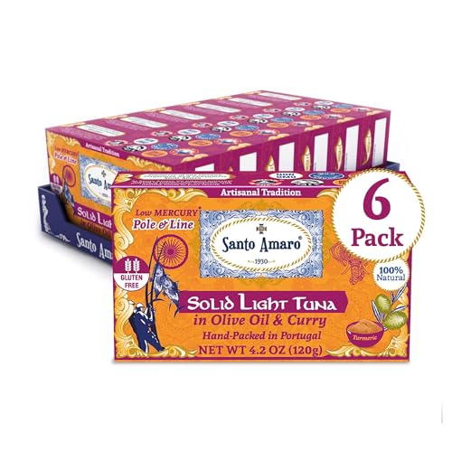 Image of Santo Amaro - Artisanal Wild Tuna Fillets in Olive Oil & Turmeric Curry, Pole & Line Caught from Portugal, Hand-Packed Goa-Style Natural Canned Tuna, 22g Protein, Keto, 124 Cal, Low Mercury, Pack of 6