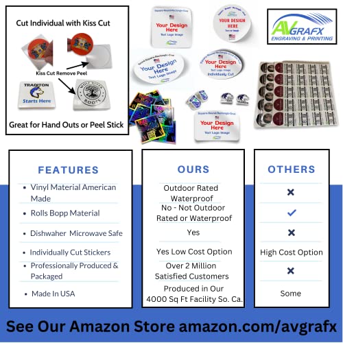 Avgrafx 2" Square Custom Personalized Stickers Labels Vinyl Waterproof Dishwasher Safe, Made Usa, Text Or Image (2X2 Square) #TOP3