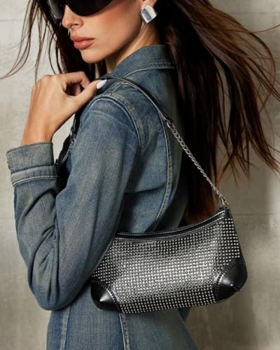 Studded Hobo Shoulder Bag with Metal Chain&Leather Combination Shoulder Strap,Handbag for Women,Black3