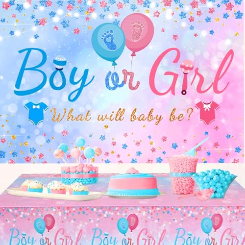 Image of Baby Gender Reveal Party Decorations - Pink Blue Balloon Arch Garland Kits With 4pcs Balloon Boxes, Backdrop and Tablecloths for Baby Shower, Boy or Girl Gender Reveal Party Ideas Supplies