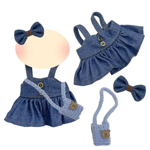 17 cm Puppenkleidung Süßes Freizeit Puppenkleidungsset mit Jeanskleid Jeans Schleife Haarspange Stricktasche, Neues Pupp...