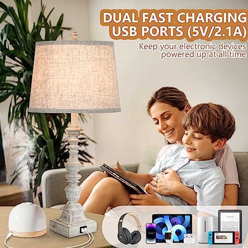 Set Of 2 Farmhouse Table Lamps, 25.7'' Tall Rustic Bedside Lamps With 2 Usb Ports, Beige Fabric Shade Nightstand Lamp, White Resin Desk Lamp With Rotary Switch For Living Room, Bedroom, Office #TOP2