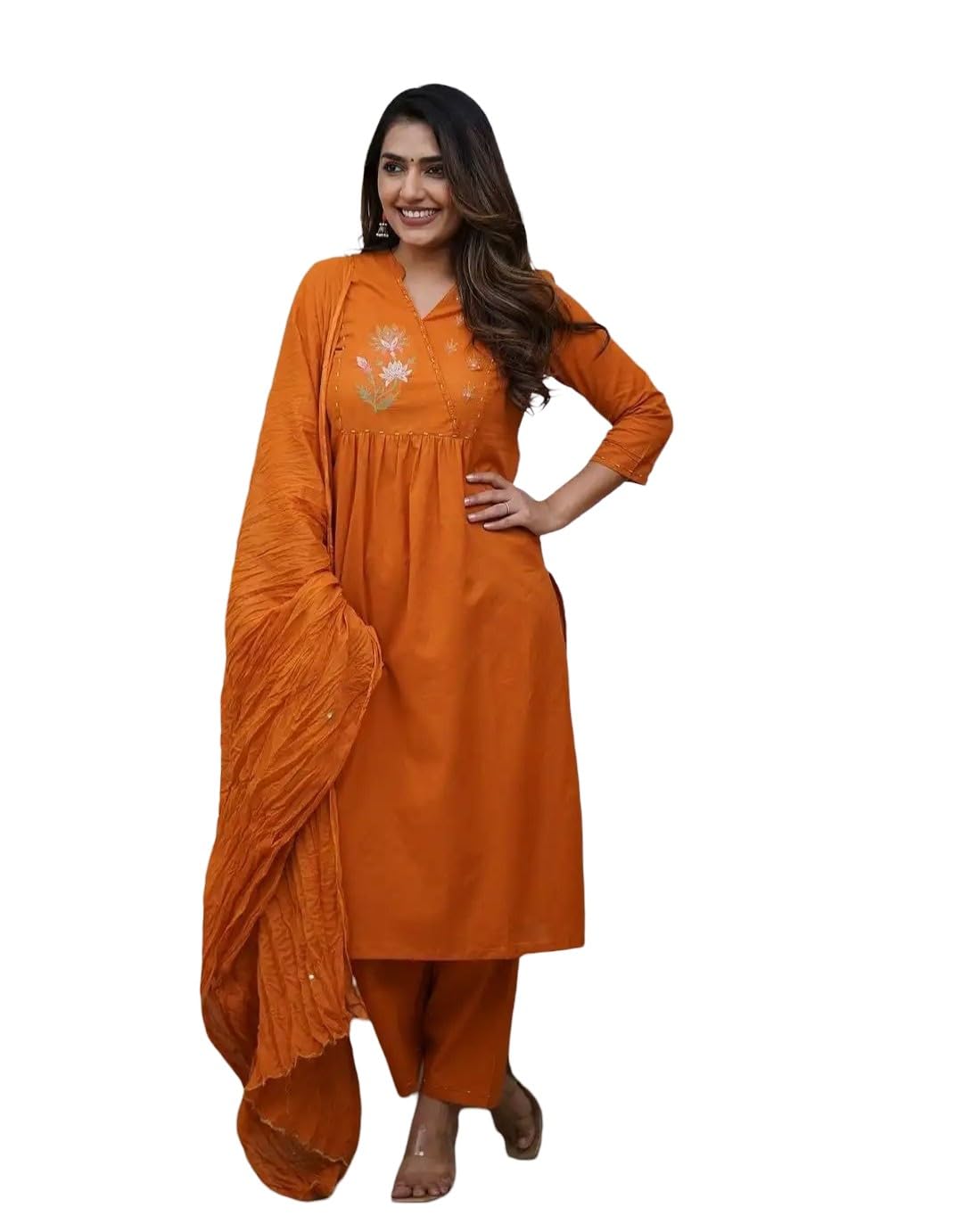 Embroidery kurti with pant and mechineg dupatta set (IN, Alpha, 2XL, Regular, Orange)