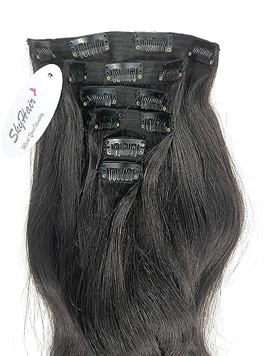 Image of SkyHair 100% Remy Human Hair Extensions - 6-Piece Set with 13 Clips for Instant Volume & Length - Soft, Tangle-Free, Reusable Clip-In Hair - 20 Inches, Natural Black