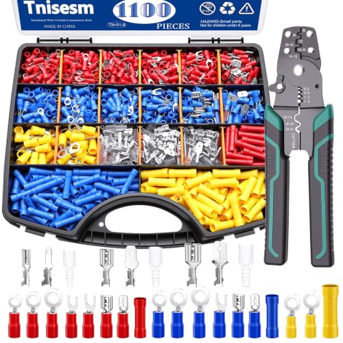Tnisesm 1100PCS Wire Connector Kit with Crimping Tool, Copper Insulated Electrical Wire Terminals - Ring, Butt, Spade, Fork, Assorted Crimp Connectors in Reusable Carrying Case