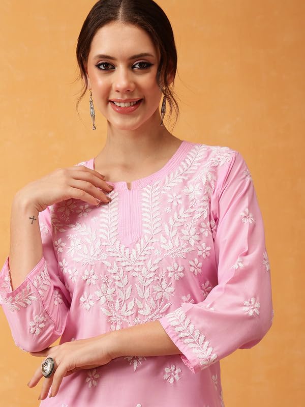 Image of Ada Women's Muslin Straight Fit Tunic Hand Embroidered Lucknowi Chikankari Straight Top Short Kurti A911420