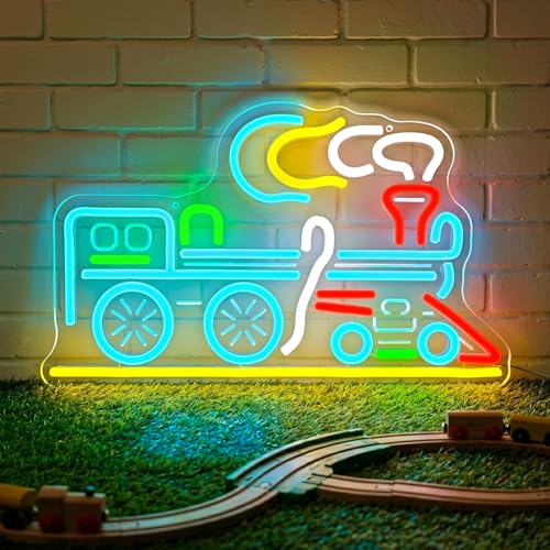 Image of Train Neon Sign for Wall Decor, LED Train Light with Dimmer Switch, USB Powered Neon Lights for Kids Room, Bedroom, Game Room, Railway Lover Gift Decor