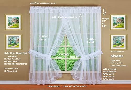 Image of Today's Curtain, Emelia Priscilla Sheer Pair 96 inch W x 84 inch L, White, 5-Piece-Set