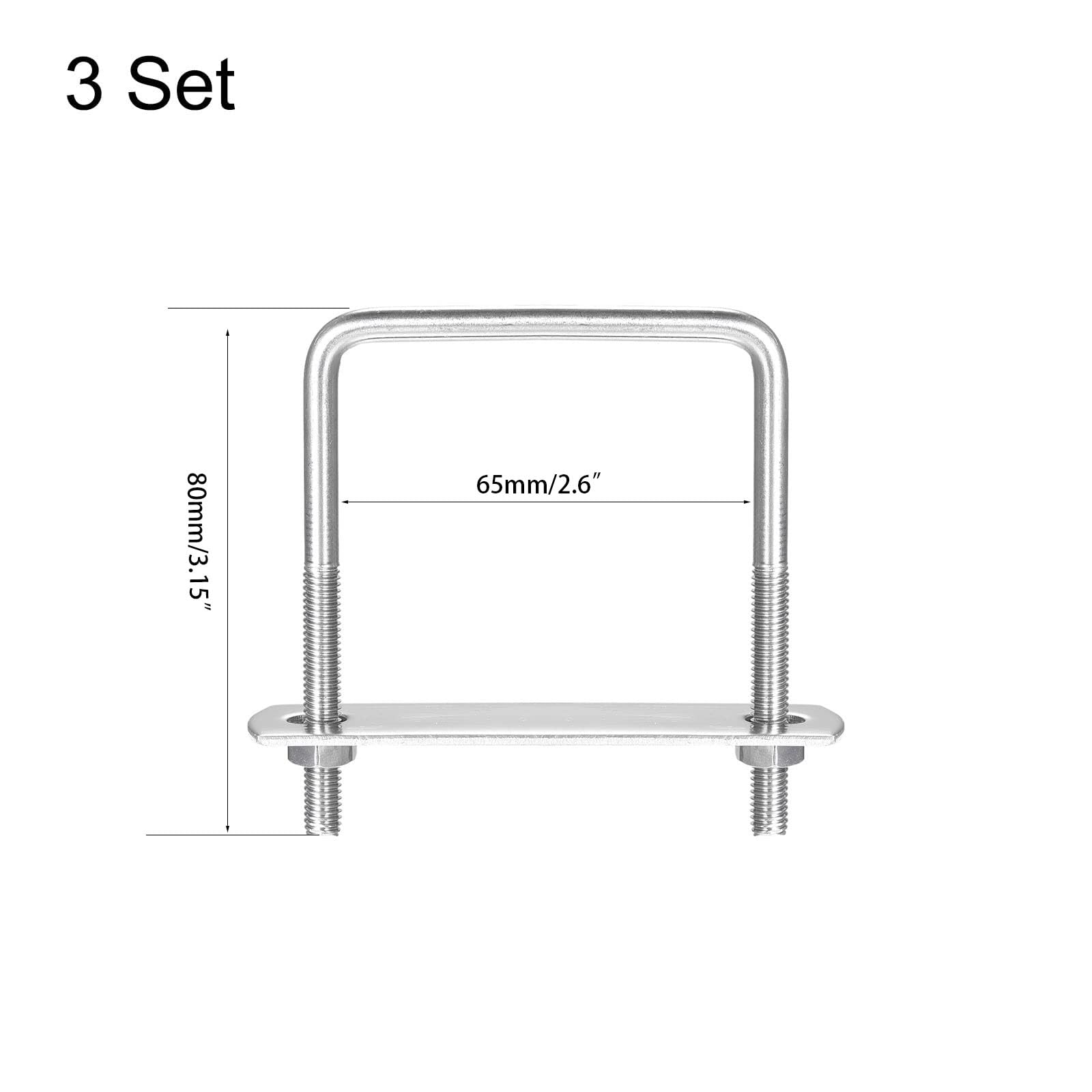 TOP-VIGOR 3 sets M6 Square U-Bolts, 65mm Inner Width 80mm Length 304 Stainless Steel U-Bolts with Nut - Image 2