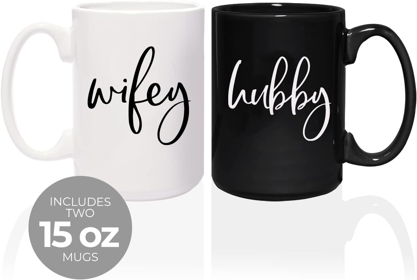 Canopy Street Wifey And Hubby Matching Mugs/Two Jumbo 15 Ounce White And Black Ceramic Mugs/Funny Husband And Wife Coffee Cup Set/Black And White Wedding Present Mug Set.