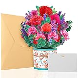 Carnation Bouquet Card, Handmade 3D Pop Up Flower Greeting Cards For Her with Note Card and Envelope