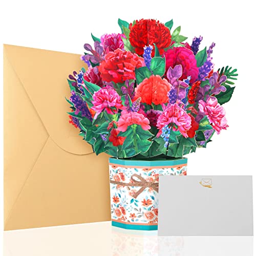 Carnation Bouquet Card, Handmade 3D Pop Up Flower Greeting Cards For Her With Note Card And Envelope For All Occasion, Mother's Day, Christmas, Thanksgiving, Thank You, Teacher Day(8.5" X 8") #TOP9