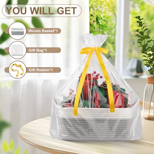 Image of OIAHOMY Woven Basket, Gift Basket Empty with Gift Bags and Ribbons, Rope Baskets for Baby Showers, Storage Baskets with Handles for Nursery, Pet Toy Organizer - Grey & White