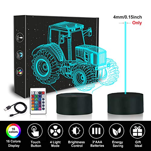 3D Illusion Lamp, Tractor Car 3D Night Light for Kids with 16 Colors Changing Remote Control, Bedroom Decor Creative Birthday Gifts for Boys Kids Baby - Thumbnail 6