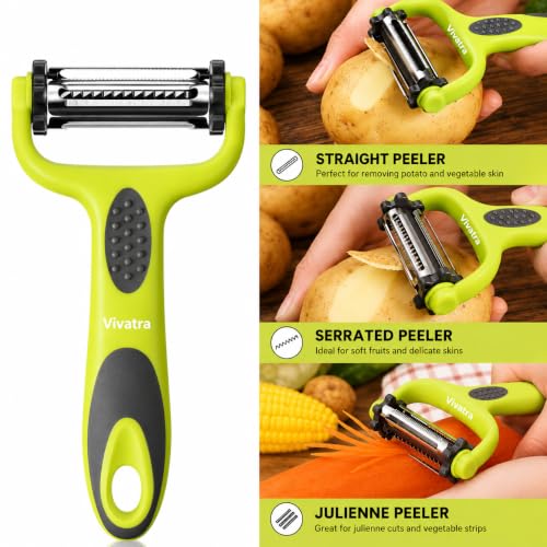 Image of 3-in-1 Stainless Steel Vegetable & Fruit Peeler | Straight, Serrated, and Julienne Blades | Sharp Multipurpose Peeler for Kitchen, Salad, Garnishing & Professional Use