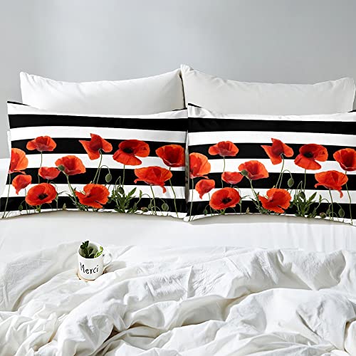 Manfei Red Flowers Duvet Cover Set Full Size Poppies Flower Bedding Set 3Pcs For Kids Girls Room Decor, Black And White Stripe Print Comforter Cover Botanical Floral Quilt Cover With 2 Pillowcases #TOP3