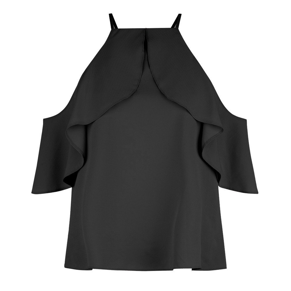 Black Women Summer Chiffon Blouses Shirts Lady Girls Tassel Decor Halter Short Ruffles Sleeve Backless Blusas