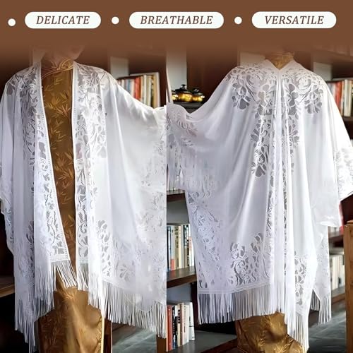 FILOEEX Women Lace Cover Ups Beach Long Kimono Cover Ups V Neck Swimsuit Cover Up Beach Bikini Cover Up Dresses Sun Protection Clothing (White) - Image 4