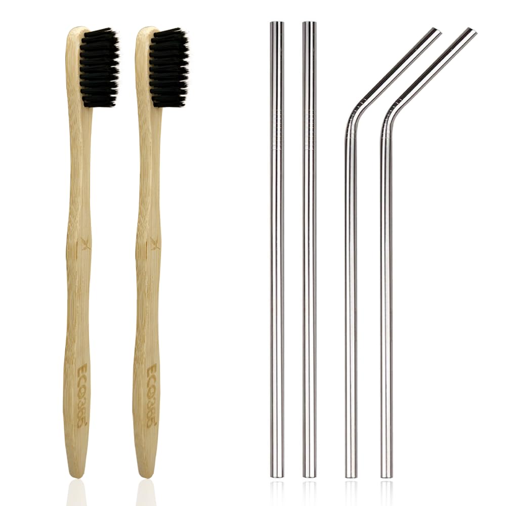 ECO365 Bamboo Toothbrush (Pack of 2) & Steel Straws (2 Straight Straw + 2 Bent Straw) (B07YNQGW46) Amazon Price History, Amazon Price Tracker