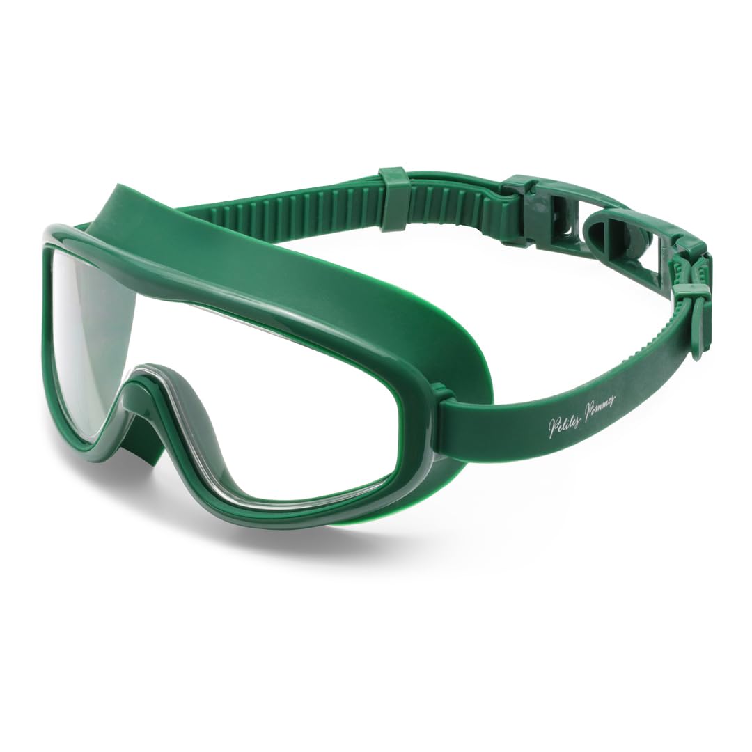 Petites Pommes Gafas de natación para adultos a partir de 14 años, silicona ligera, lente ancha antivaho, hebilla segura para el cabello, bolsa de algodón
