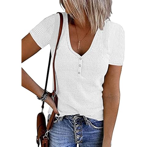 lime flare Women Summer Ribbed Knit T Shirt Tee Tops Casual Dressy Rib Tshirt Tunic (F# White Short Sleeve,Large) Cover