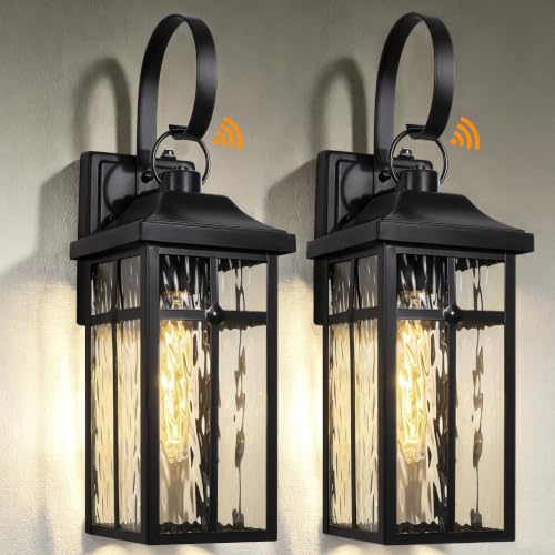 Image of 2 Pack Dusk to Dawn Outdoor Wall Lights, 19 inch Black | Exterior Wall Mount Light Fixtures with Water Ripple Glass, Waterproof Outside Wall Sconces for Garage Patio Entryway