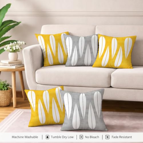 Image of STITCHNEST Set of 5 Polycotton Cushion Covers - Yellow & Grey Abstract Drop Design - 16x16 Inches - Soft & Durable Cushion Covers for Sofa, Bed & Living Room | Perfect for Home Decor