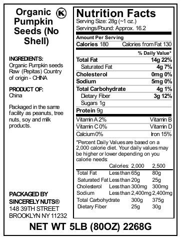 Sincerely Nuts Organic Pumpkin Seeds (5 LB) Plant-Based Snack-Great Addition for Baking, Protein Shakes, and Recipes Galore-Vegan, Gluten-Free, and Kosher Meal Addition-Also Known as Pepitas