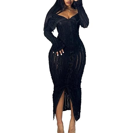 Black Dress Women Sexy See-Through Mesh Button Long Sleeve Bodycon Maxi Dresses For Night Out