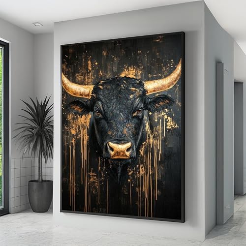 Tableau sur toile représentant un taureau noir majestueux, portrait animalier doré, décoration intérieure rustique moderne, affiches sur toile...