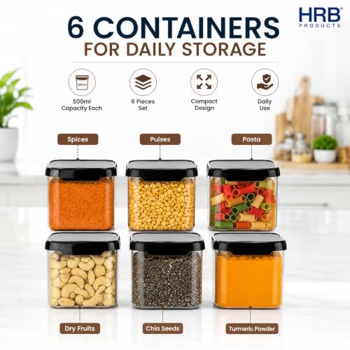 Image of 500ml Kitchen Storage Containers Set of 6 | Airtight Plastic Storage Jars for Kitchen | BPA Free Multipurpose Containers for Spices, Dry Fruits, Pulses, Snacks & Pantry Organization