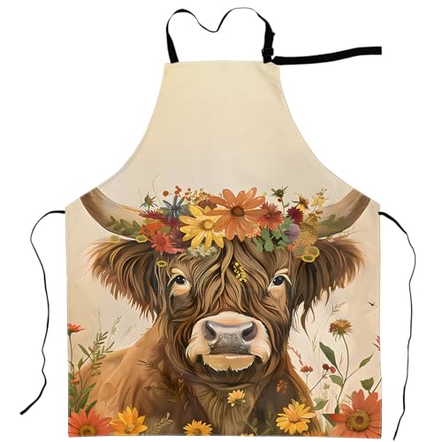 cromcu Highland Cow Apron Rustic Floral Bull...