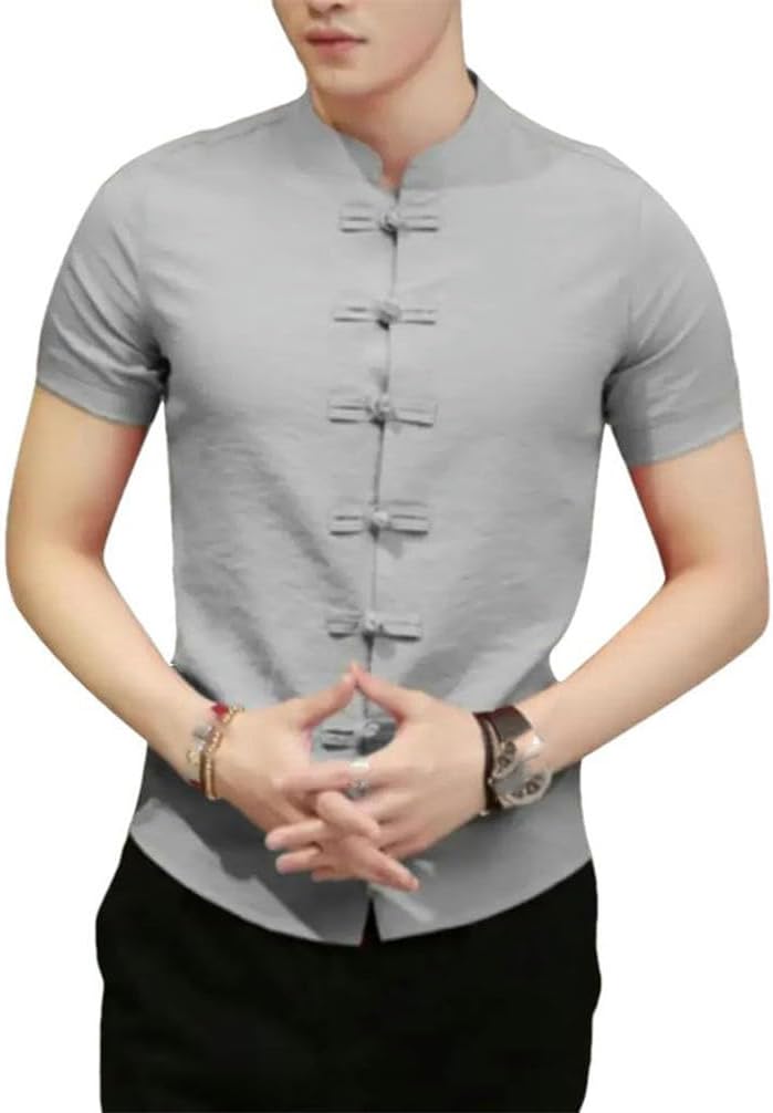 Casual Shirts Traditional Chinese Tang Suit Men Summer Short Sleeve Kung Fu Uniform