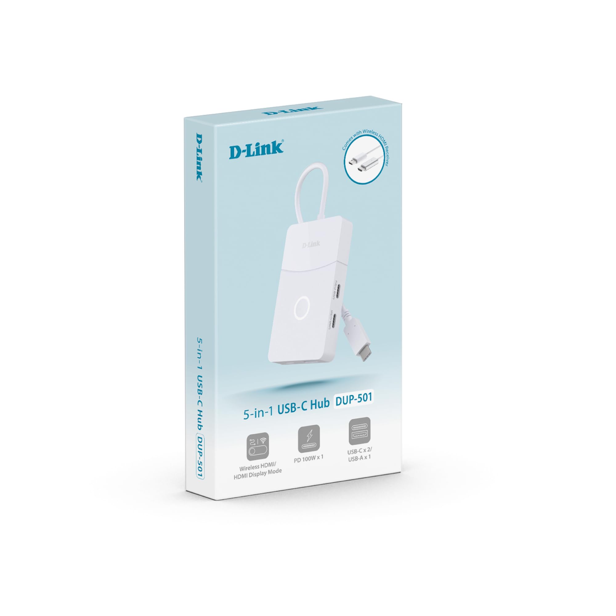 D-Link DUP-501 Hub USB-C 5-en-1 avec HDMI sans Fil, HDMI 4K 2.0, Affichage sans Fil 1080p, Charge USB-C PD 100W, Ports USB 3.0, Plug & Play pour Windows, macOS et Android