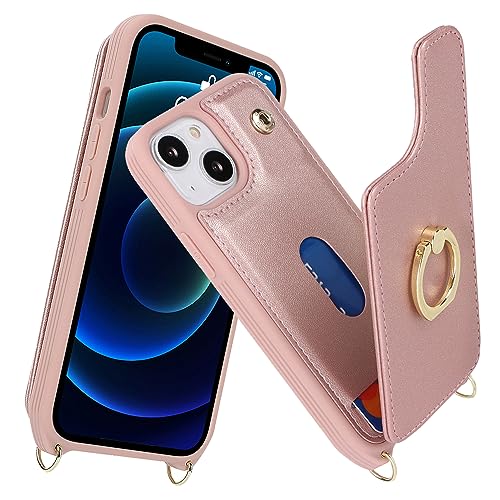 Image of for iPhone 13 Mini Case with Card Holder and Strap for Women,Crossbody Lanyard,Kickstand Ring Stand,Snap Clasp,RFID Blocking,Phone Wallet Cases 5.4 inch(Rose Gold)
