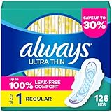 Always Ultra Thin Pads with Wings, Size 1, Regular, 126 Count (3 Packs of 42)