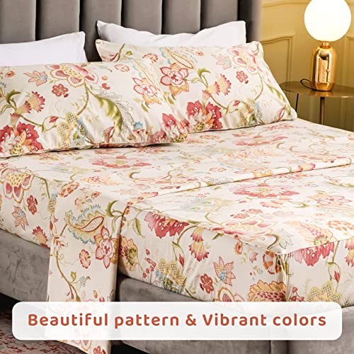 Qsh Floral Bed Sheets Set - Queen Size Boho Lotus Print Bed Sheet Set - Extra Soft And Breathable 100% Egyptian Cotton - Farmhouse Bedding - 4 Pcs Deep Pockets Flower Bed Sheets-1200 Thread Count #TOP4