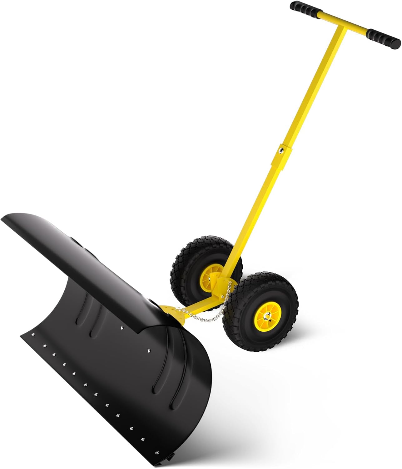 Snow Pusher with Wheels, 29" Heavy Duty Steel Blade, Adjustable Angle & Height Handle for Effortless Driveway Snow Removal, Ground Protection Base.