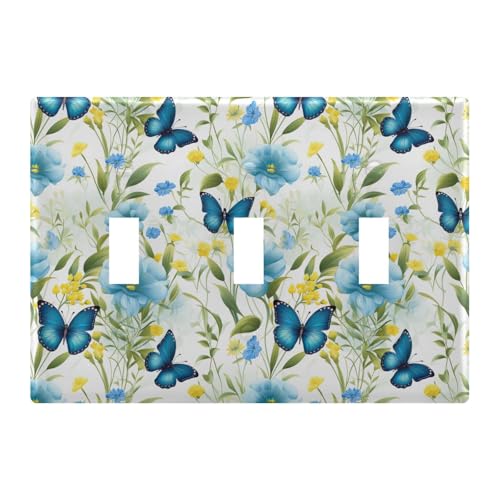 Light Switch Cover Blue Butterfly Floewr Spring Wall Plates for Electrical Outlets 3 Gang 202b3298