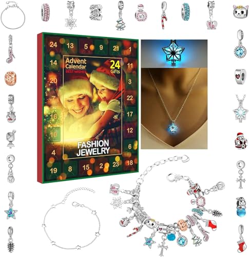 Advent Calendar, [New 2023] Christmas Advent Calendar, Advent Calendar Jewelry for Girl with 3 Adjustable Bracelet and 1 Necklace and 22 Charm Beads Countdown to Christmas Calendar DIY