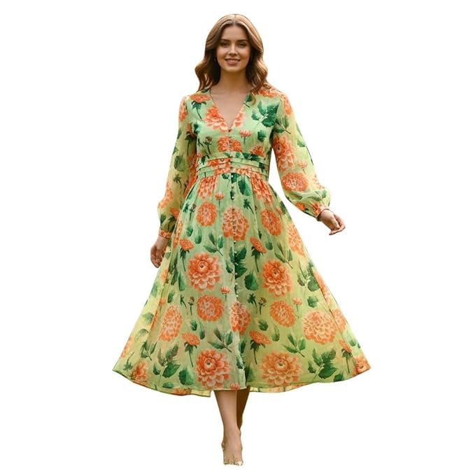 Warm Worth Floral Hand Printed Silk A-Line Long Dress for Women & Girls V-Neck, 3/4 Sleeves-image-45