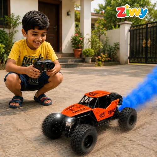 Image of ZIVVY Big Orange Remote Control Car | Rock Crawler | LED Headlight | Rechargeable Battery with Type c Charger | 100m Range | Smoke | Toy Car for Kids & Boys 7-14 Years | Birthday Gift for Kids