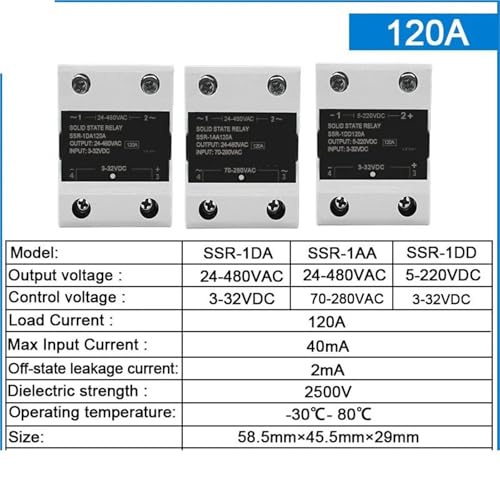 Relais statique DC-AC 120A monophasé SSR commande DC 24V AC 220V