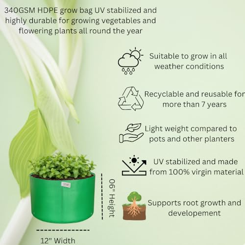 Image of HDPE UV Treated 340 GSM Plant Growing Bags for Terrace Gardening Easy to Use 12 x 06 Inch - Pack of 5